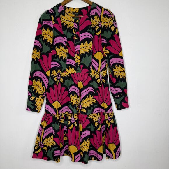 J Crew Dress Womens 2 Bold Floral Bright Long Sleeve Tiered Button Front Mini - Picture 1 of 7